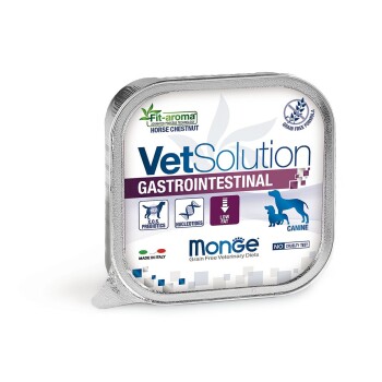 VetSolution Gastrointestinal Hundefutter von Monge, mit niedrigem Fettgehalt, X.O.S. Präbiotika und Nukleotiden. Getreidefreie Formel, hergestellt in Italien.